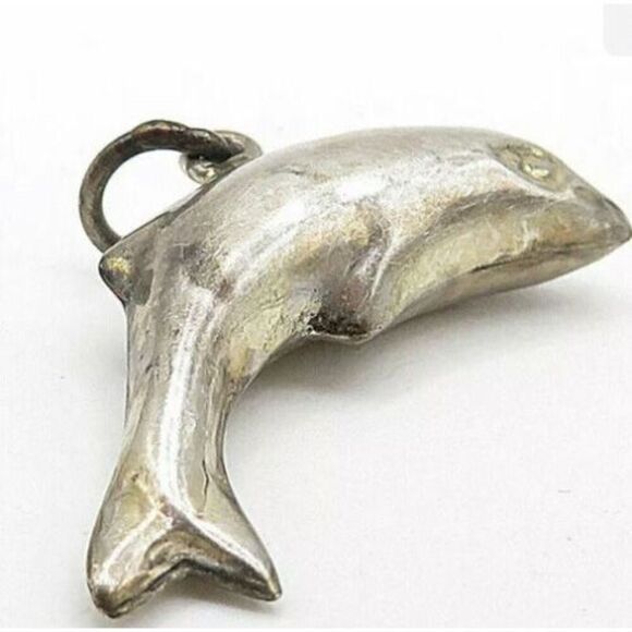 925 Sterling Silver - Vintage Smooth Puffy Leaping‎ Dolphin Motif Pendant - Picture 2 of 3